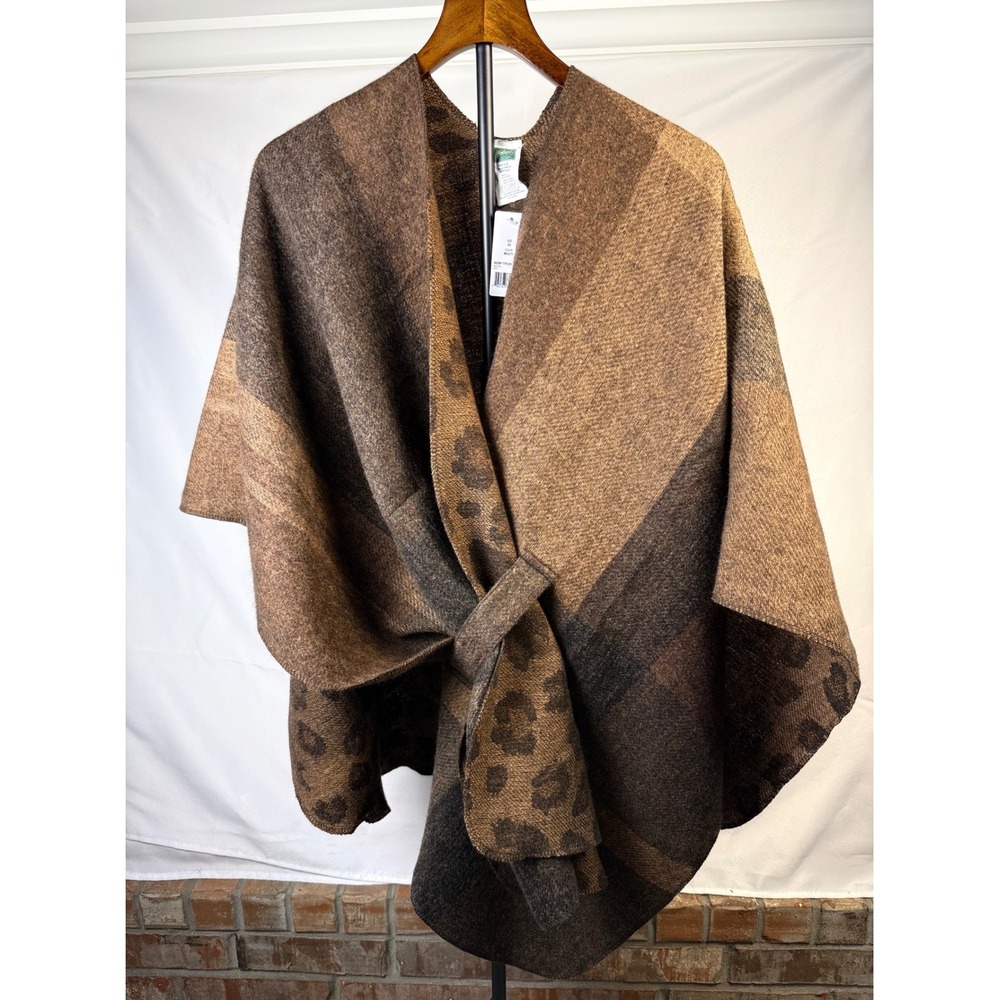Woolrich OS Reversible Brown Leopard Plaid Poncho Cape Wrap Cabin Cozy Western